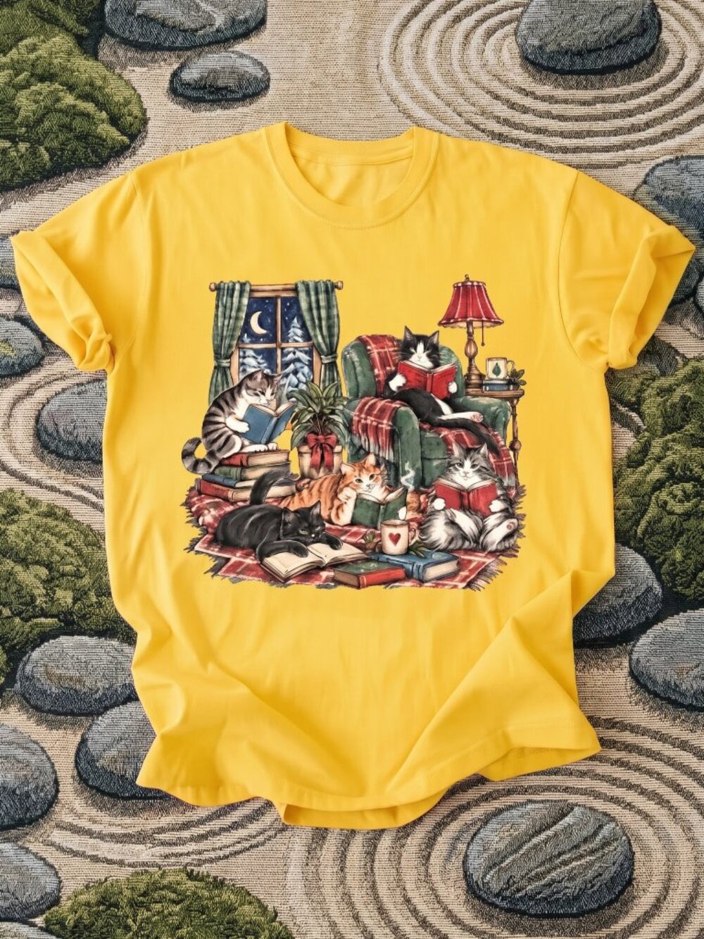 Cozy Bookish Cats Reading Room Yellow Graphic T-Shirt